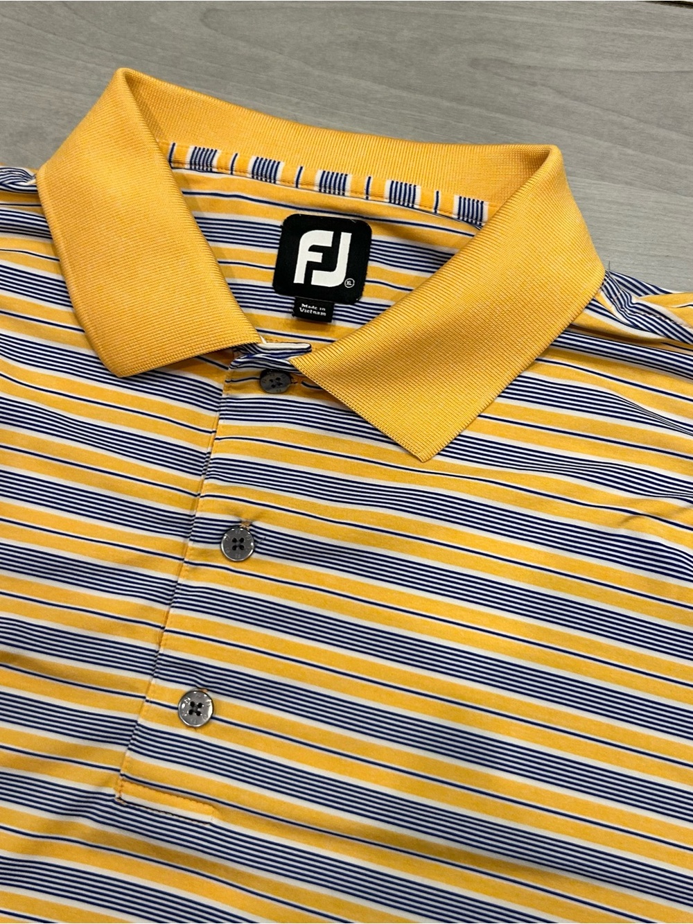 FootJoy FJ Golf Polo Shirt Mens XL Yellow Blue Striped Performance Stretch